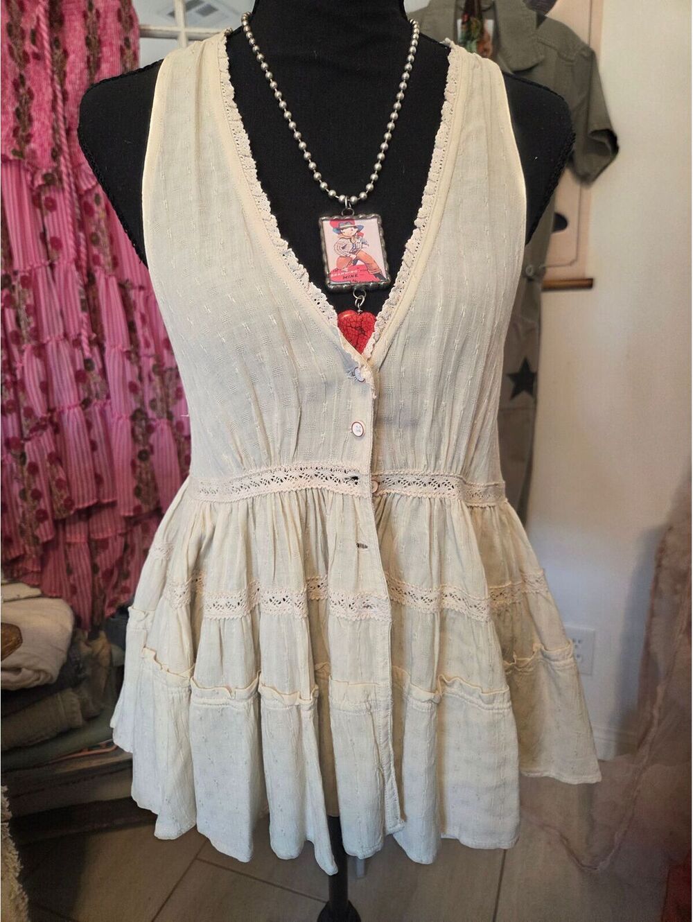 Free People Intimately Ivory Ruffle Tiered Button-Front Boho Tunic Tank XS